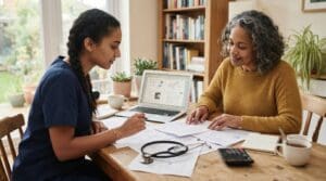 A medical student and parent reviewing tuition documents and a laptop at a table with a stethoscope and calculator