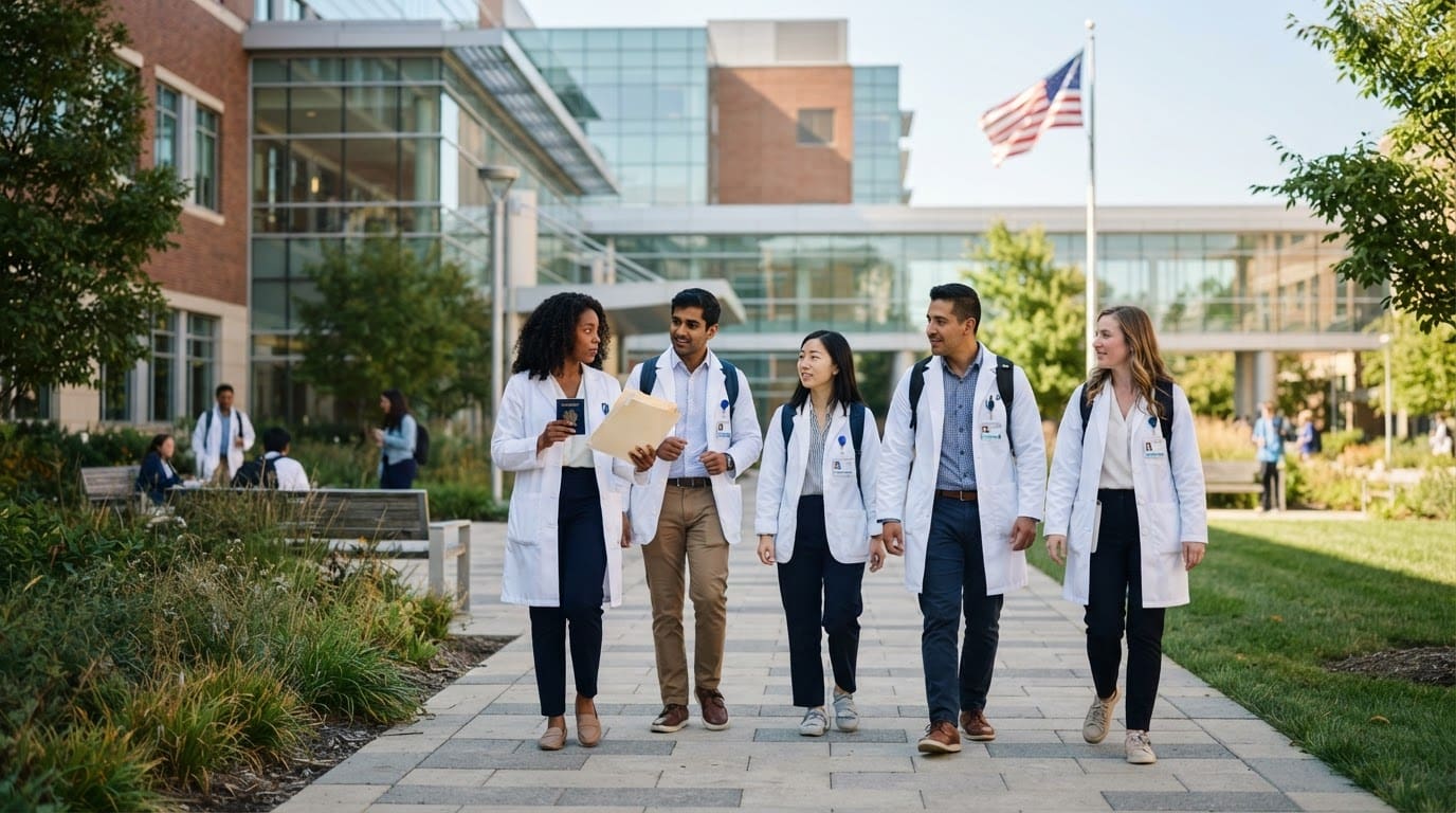 International medical students in white coats walking through a U.S. teaching hospital campus, one carrying a passport and document folder