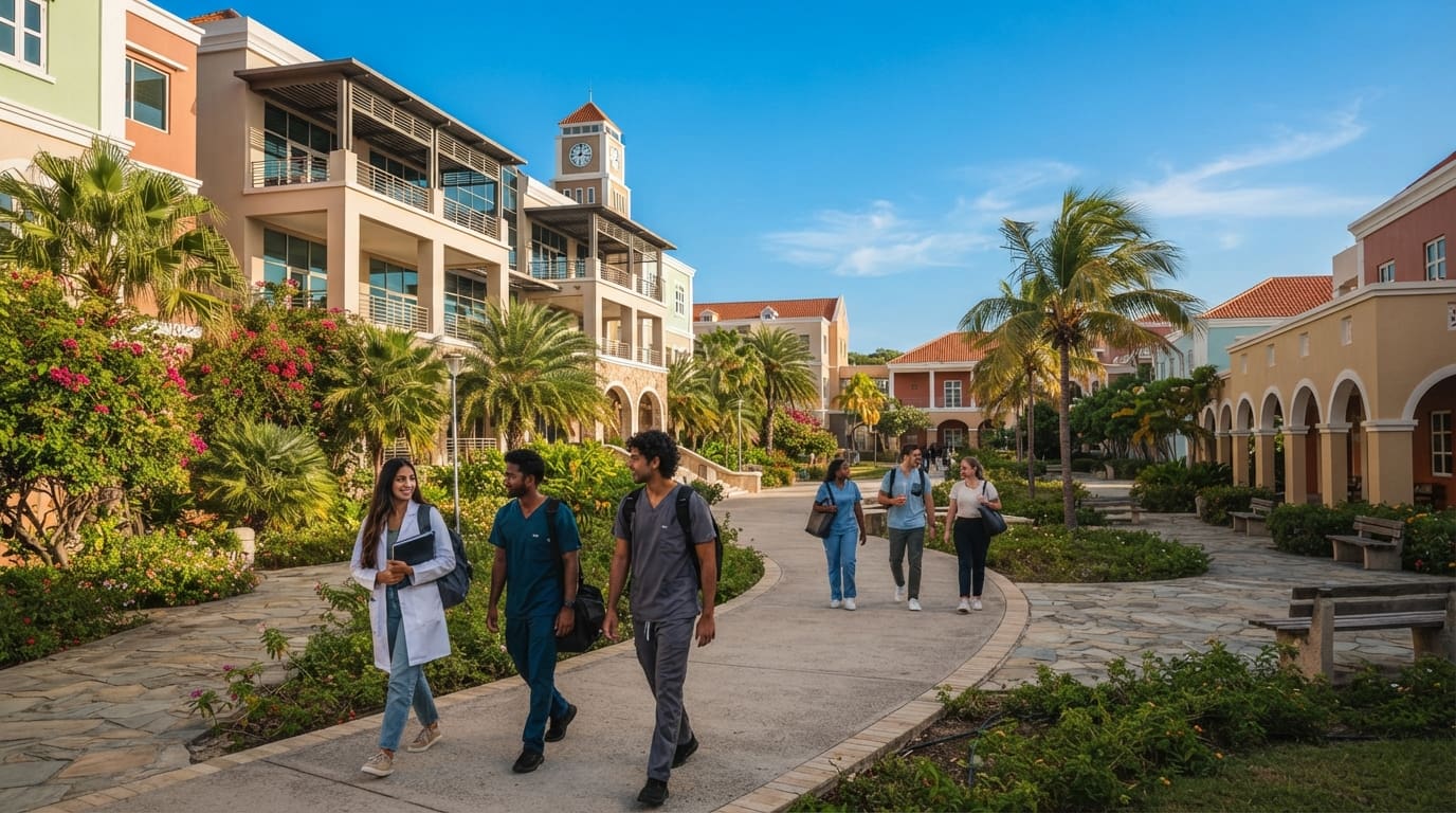 St. Martinus University medical campus in Curaçao with students walking on a sunlit pathway