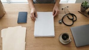 Overhead view of a desk with a passport, stethoscope, blank document folders and laptop as a student organizes application papers