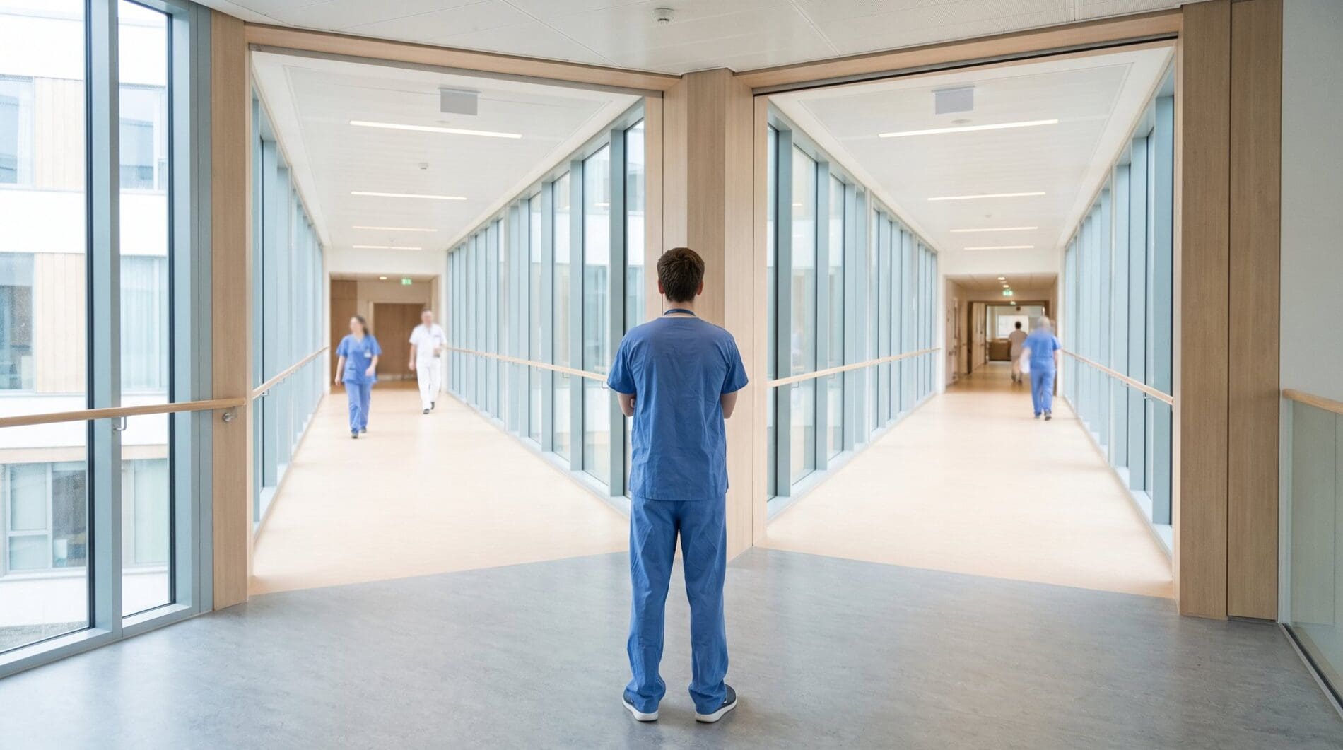 A young doctor in scrubs stands at a junction of hospital corridors leading in several directions