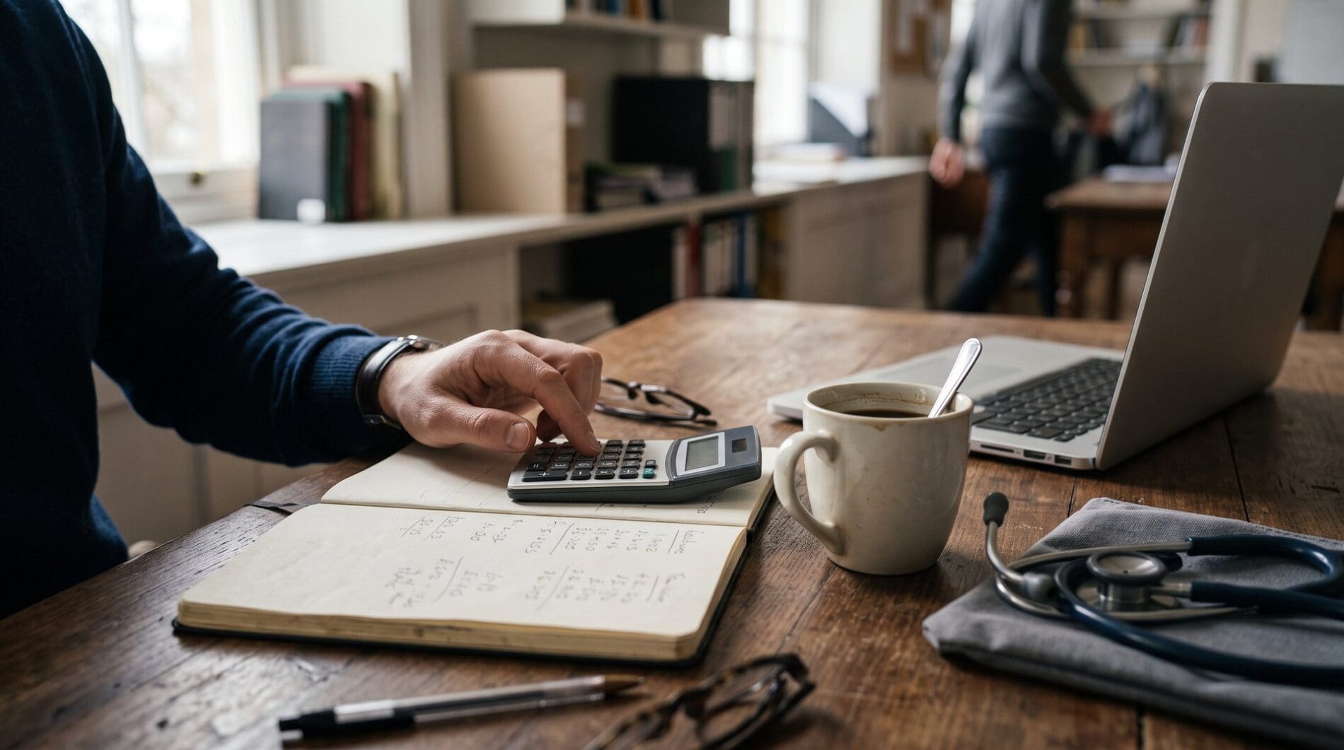 A hand rests on a calculator beside an open notebook, laptop and a stethoscope set aside on a desk