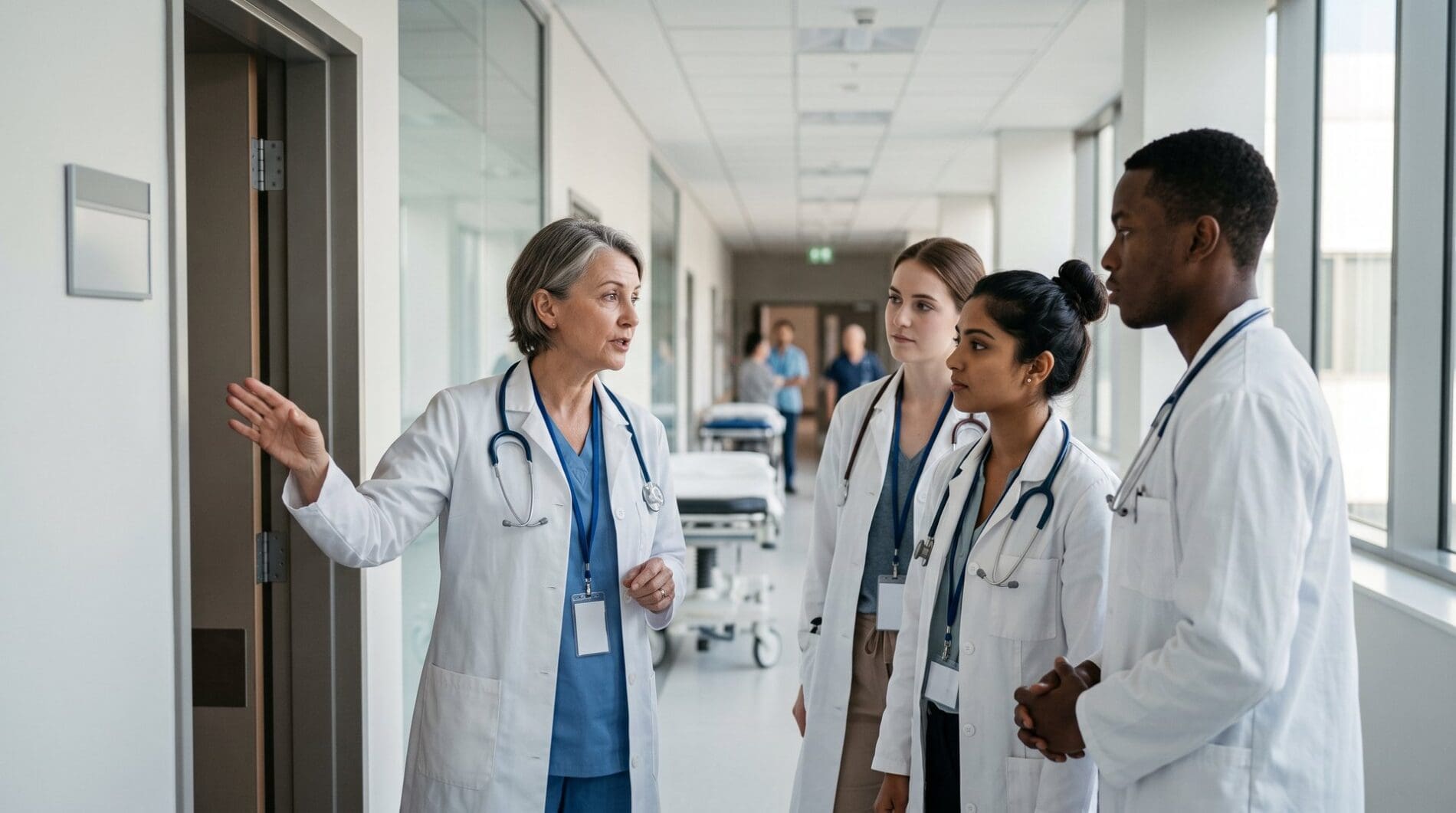 Medical students in white coats with stethoscopes listen to a senior physician in a teaching hospital corridor