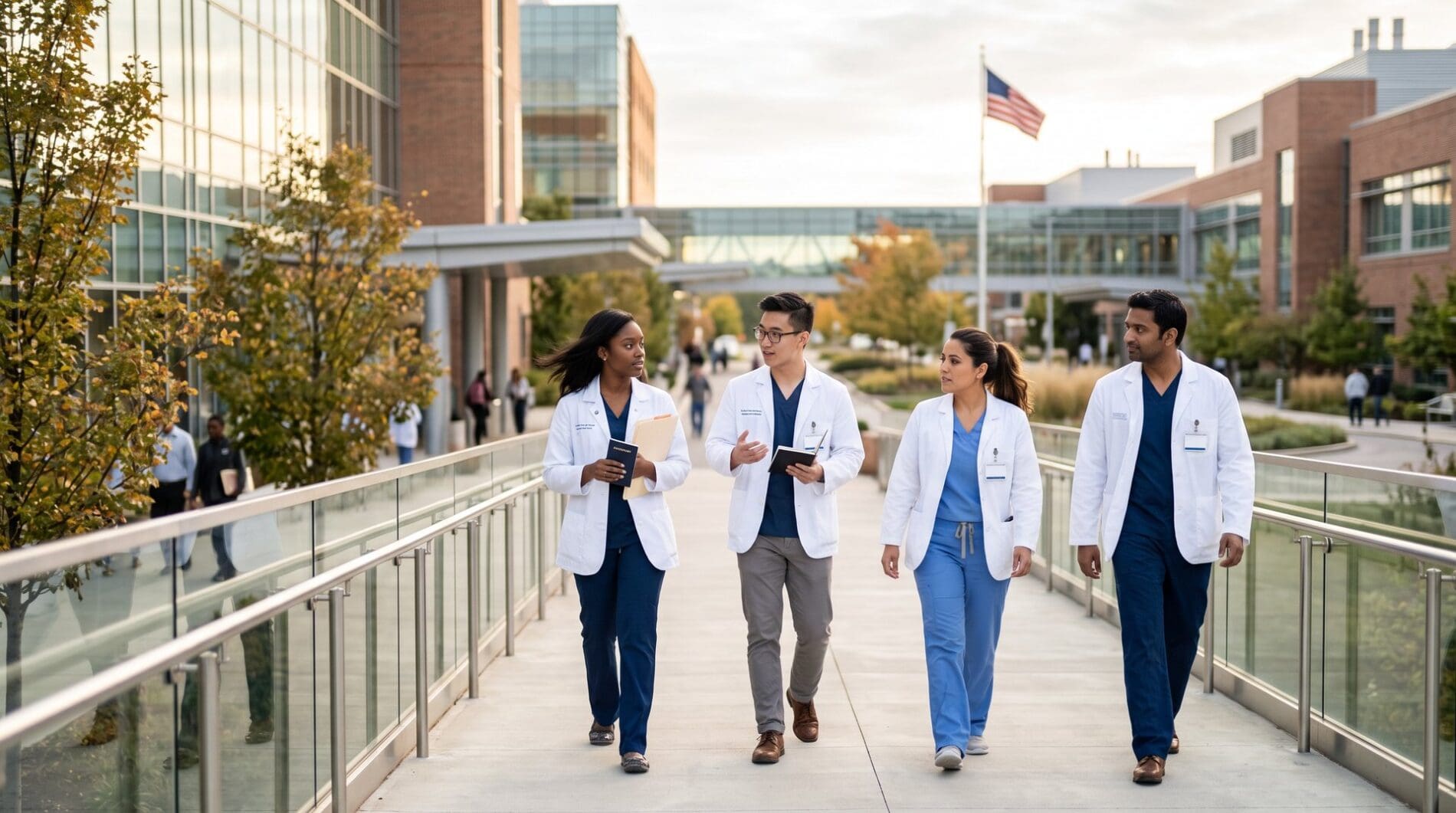 International medical students in white coats walk across a US teaching hospital campus, one carrying a passport and folder