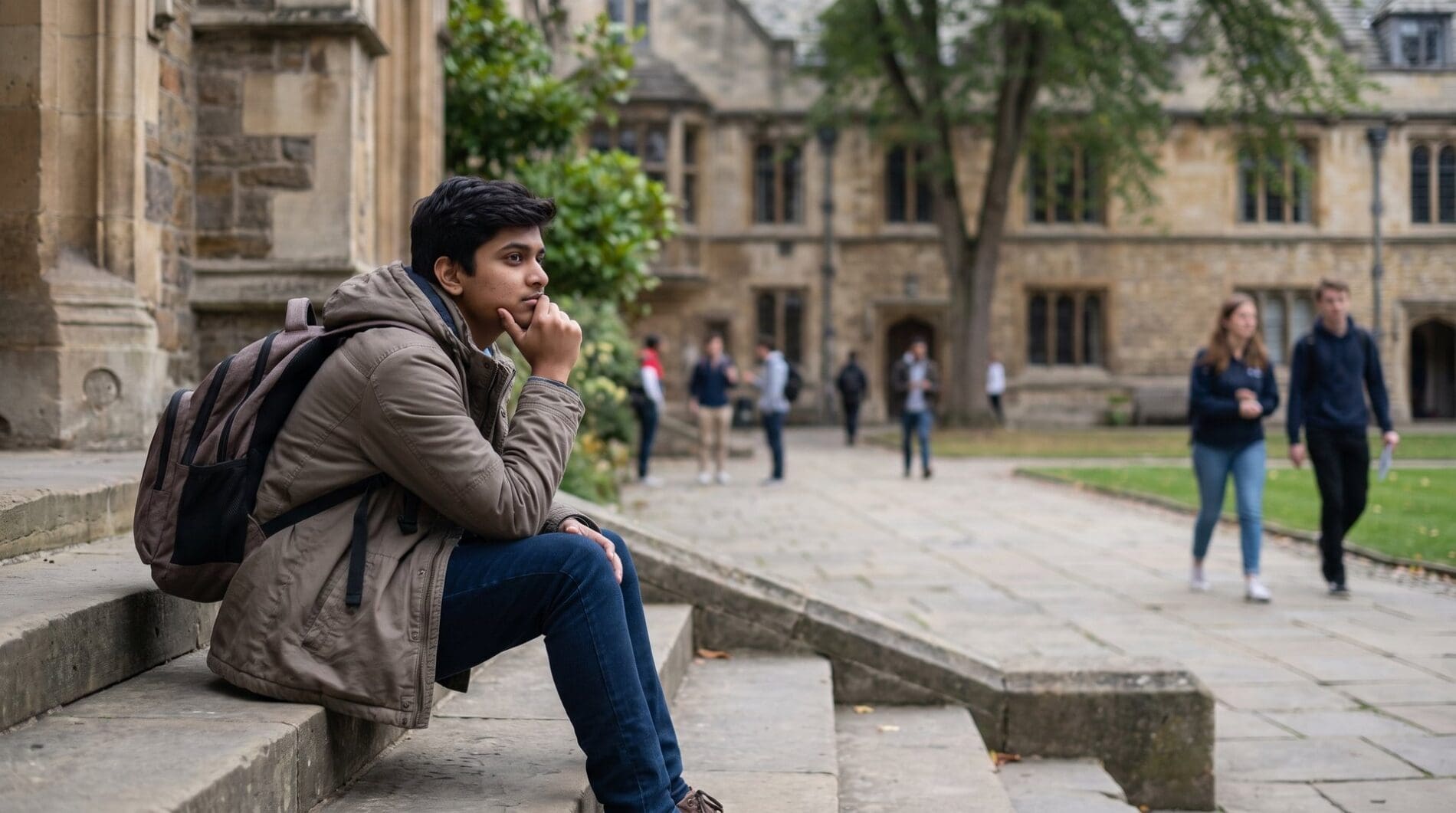 A student sits on outdoor campus steps with a backpack, thinking, in early morning light