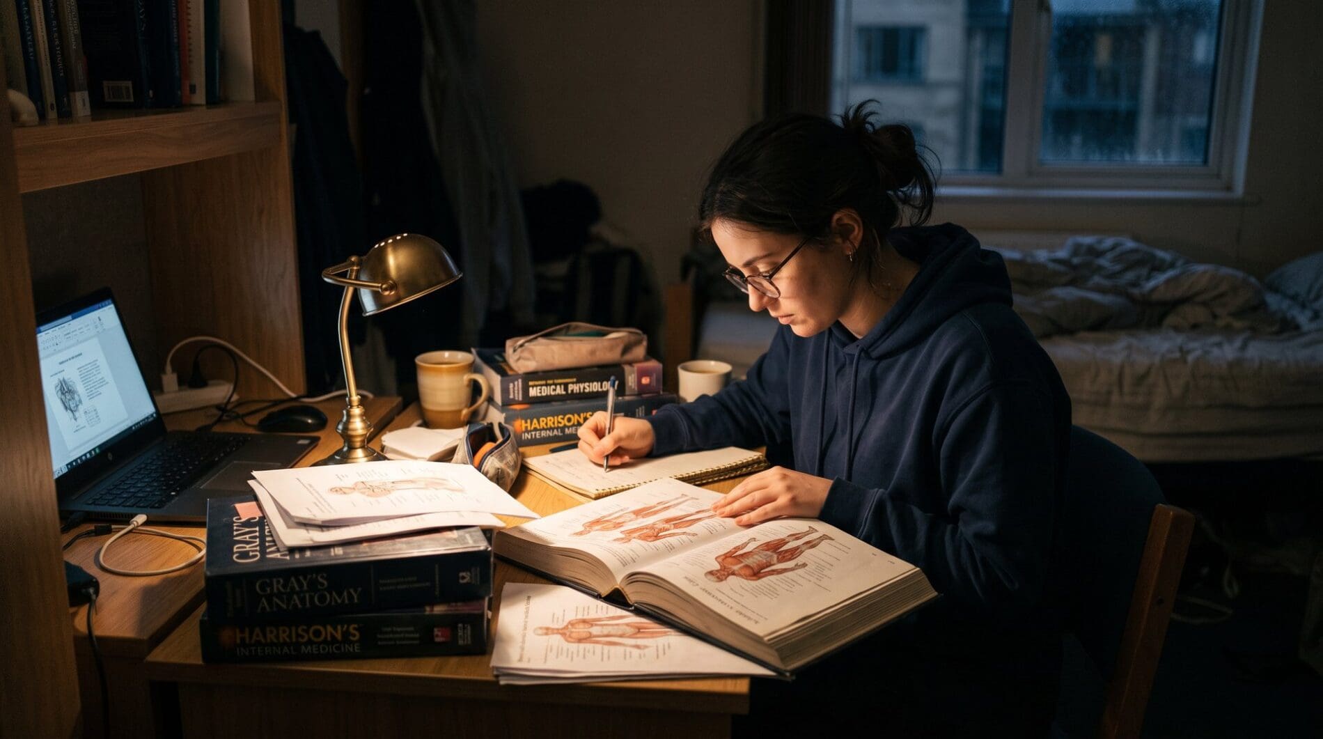 A medical student studies from thick textbooks and an anatomy atlas at a desk lamp late at night