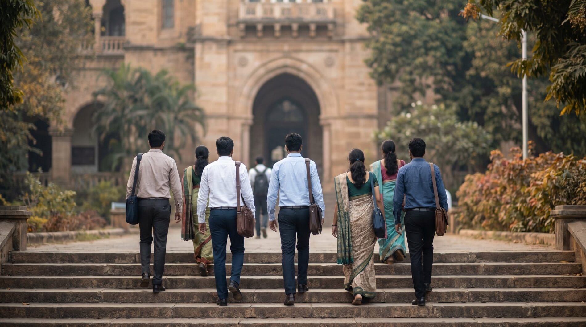 Young Indian medical graduates walk up the steps toward the entrance of a large examination hall building