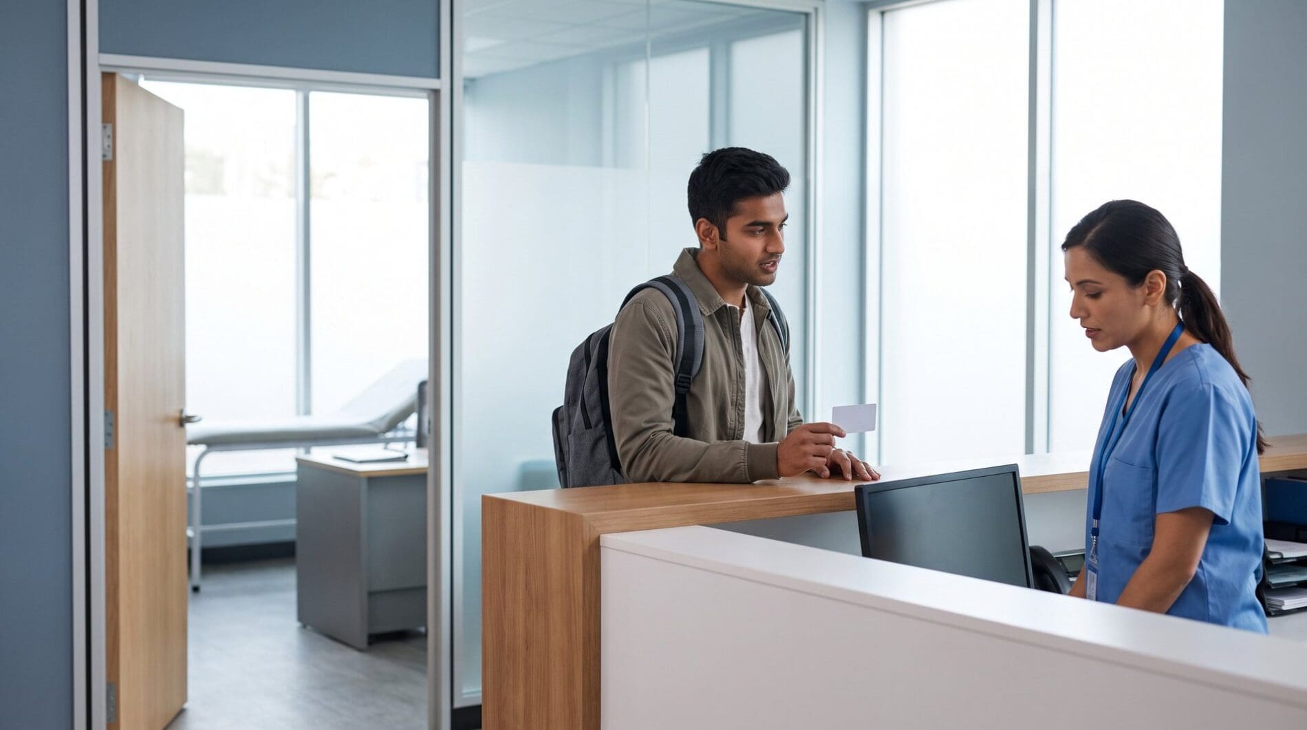 An Indian student waits at a clinic reception counter with a card in hand, a consultation room visible behind