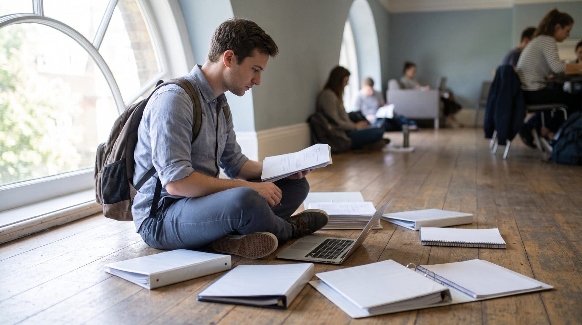 A student sits on the floor working through neat piles of application paperwork with a laptop in a sunlit room