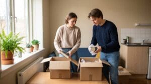 Two students unpack boxes in a bright shared student apartment with plants by the window