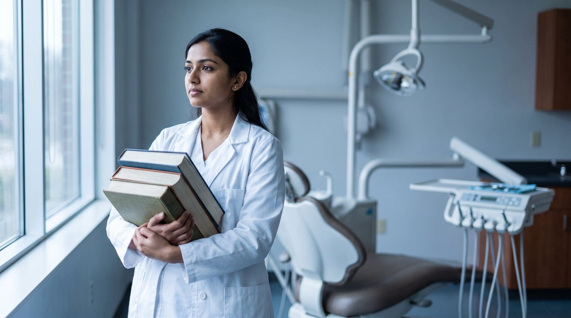 A dental graduate in a white coat holds textbooks while standing in a modern dental clinic