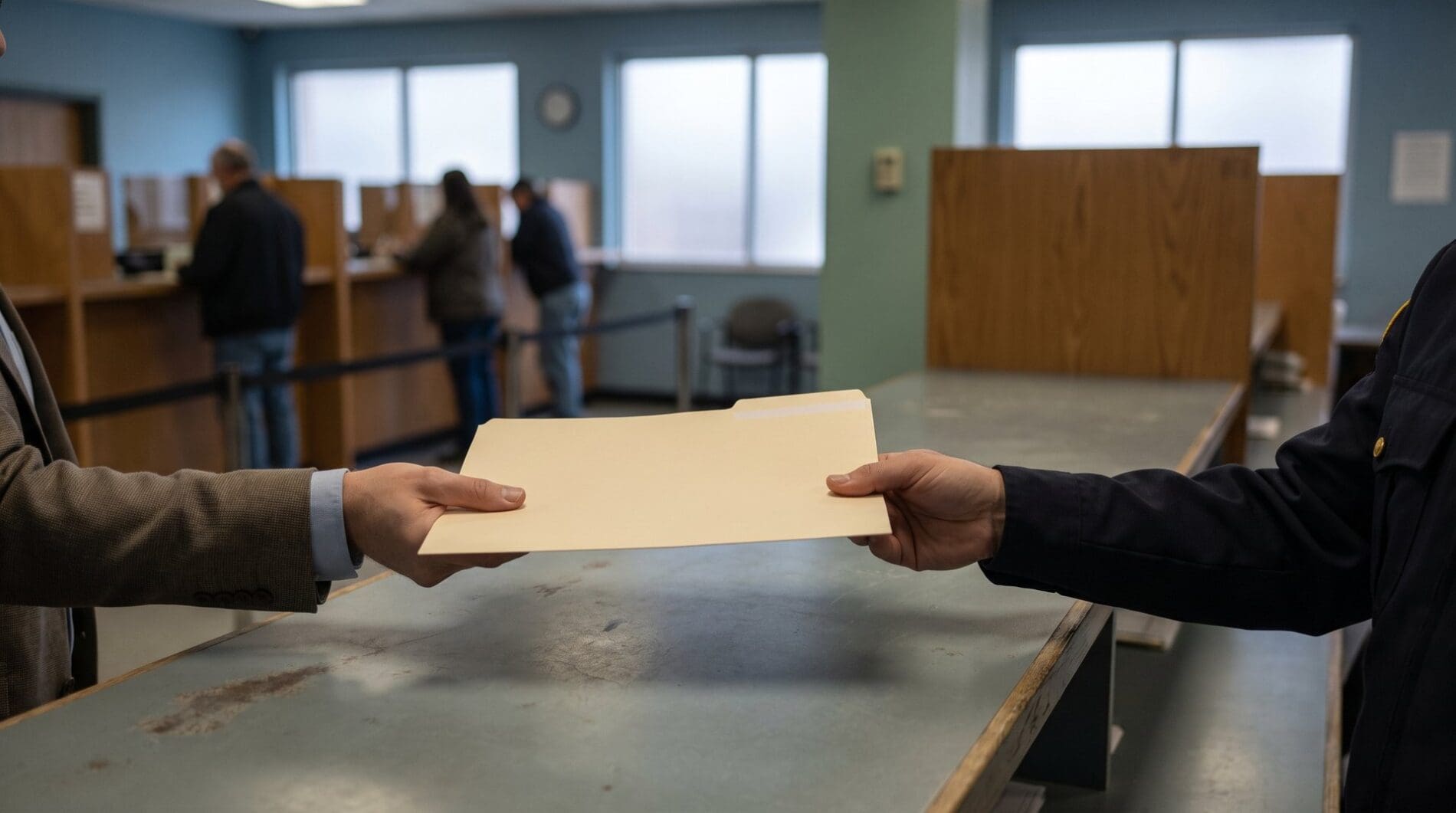 Hands pass a document folder across a government office counter to an official