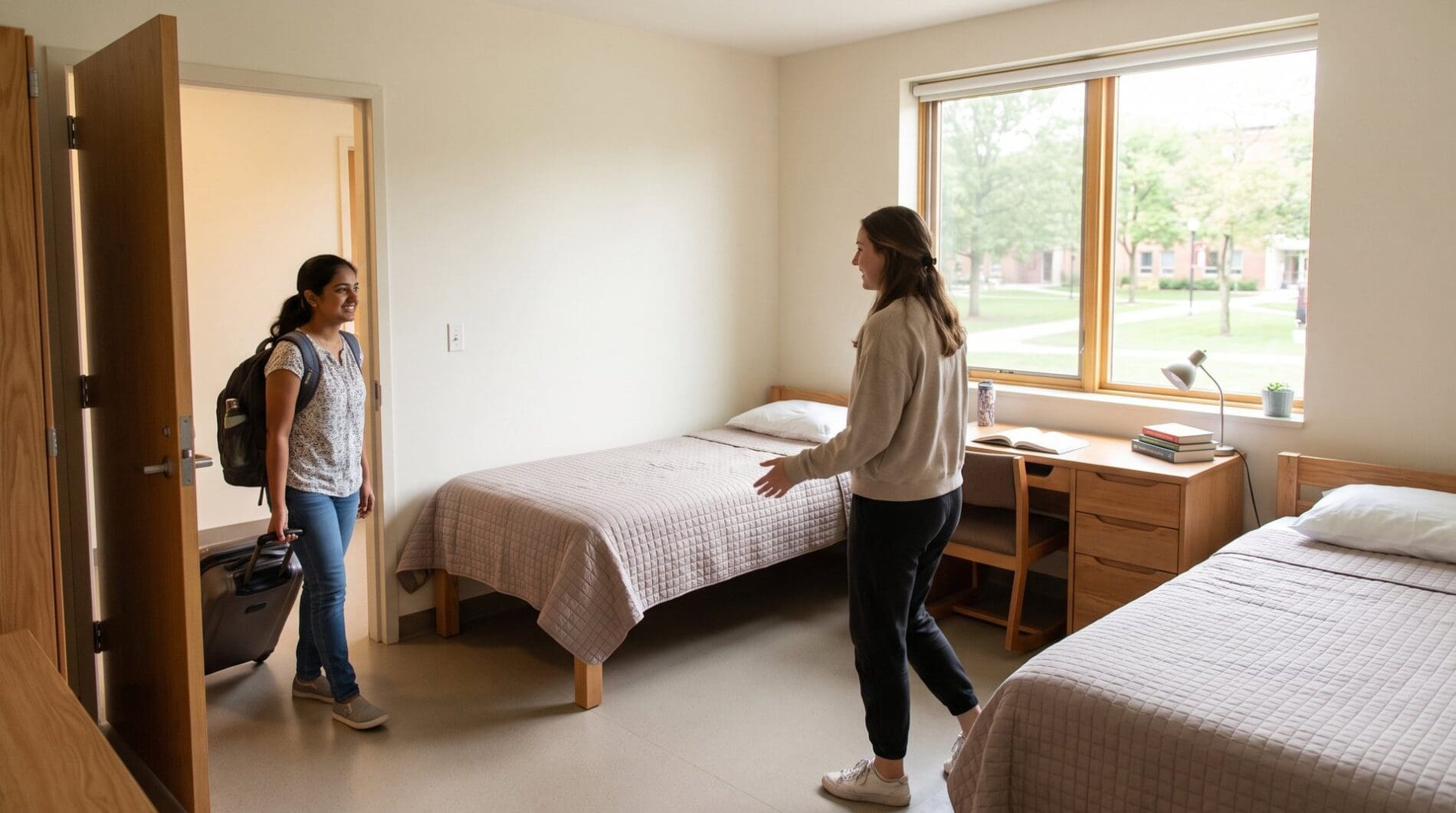 A young woman student arrives with a suitcase at a bright campus hostel room where another student welcomes her