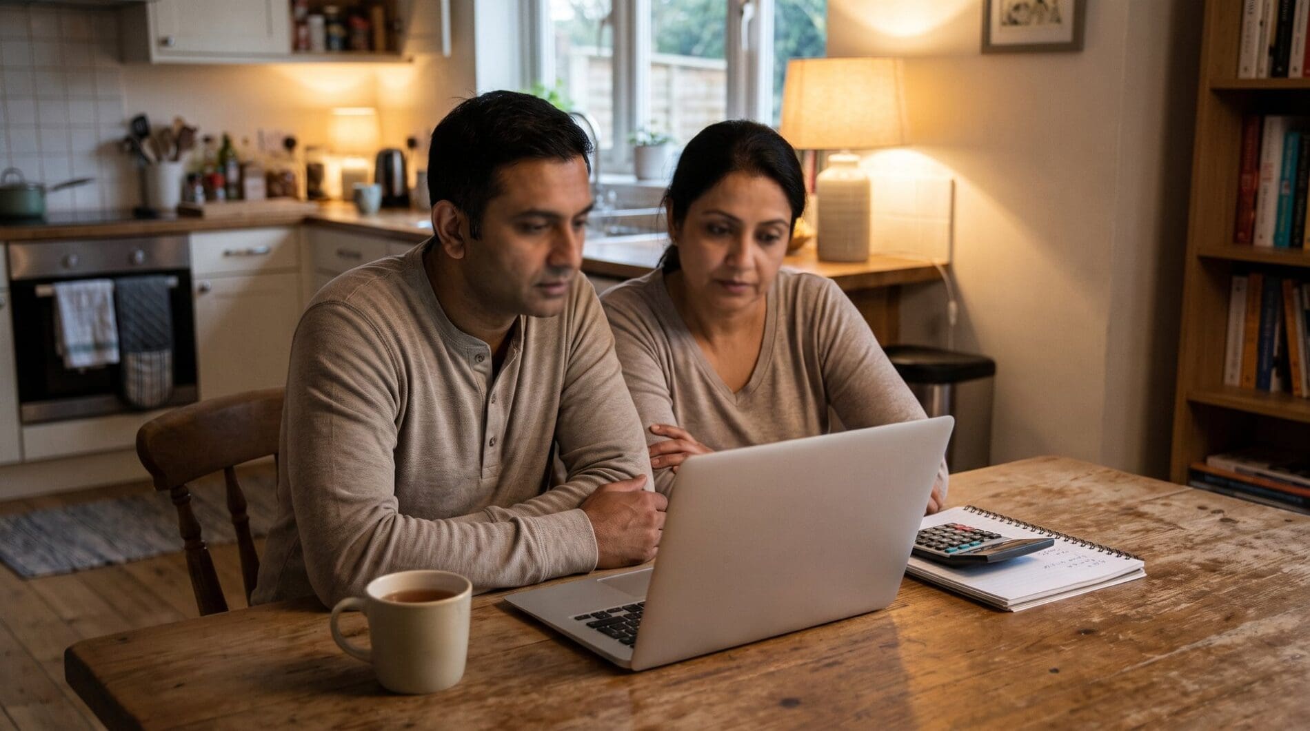 Indian parents review household budgeting papers with a calculator and laptop at a dining table in the evening