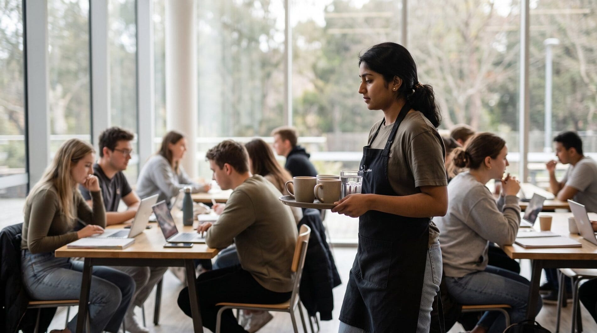 An Indian student in an apron carries a tray of cups while working a shift in a bright campus cafe