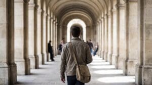 A student walks away down a long campus colonnade receding into the distance
