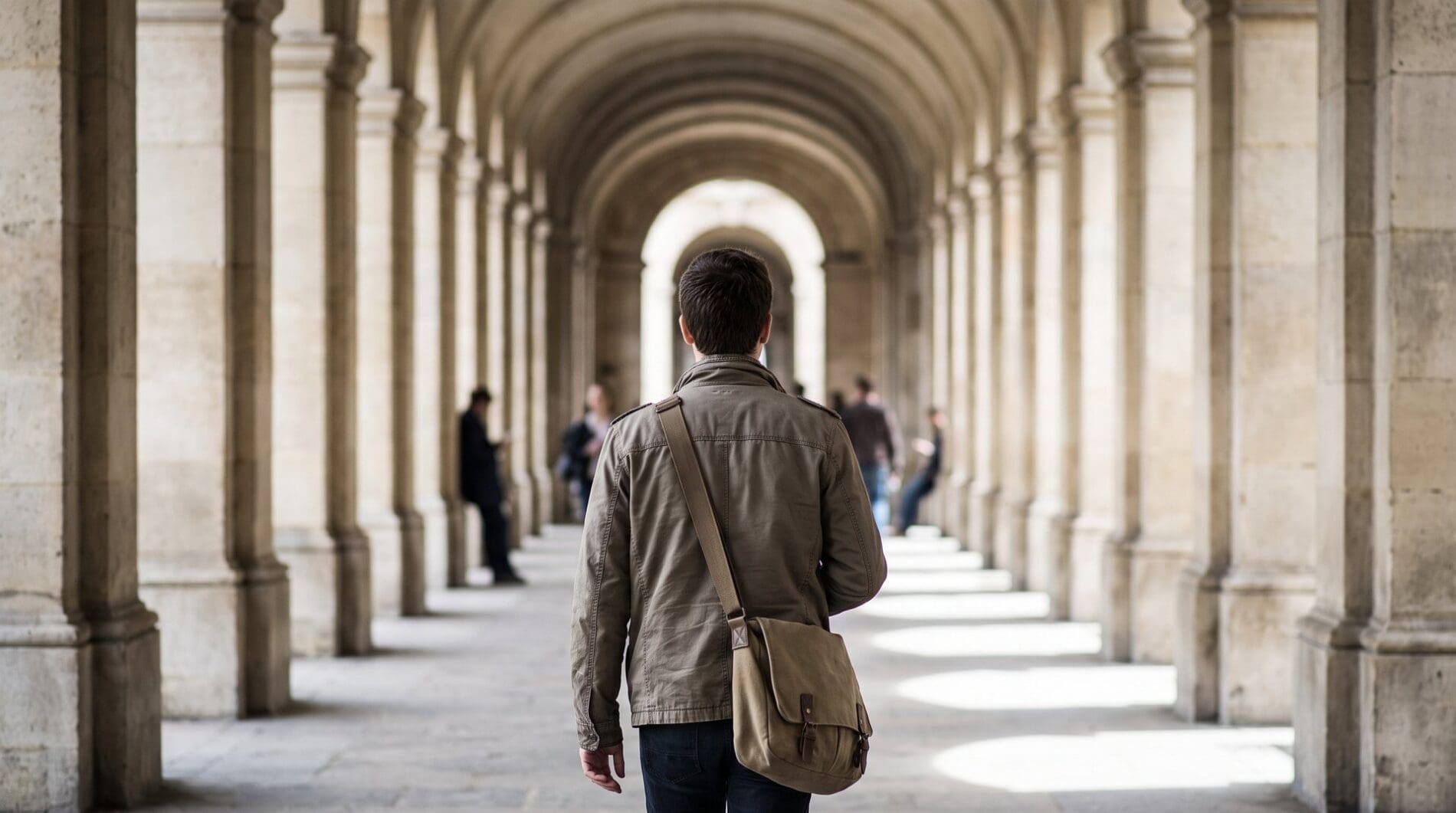 A student walks away down a long campus colonnade receding into the distance