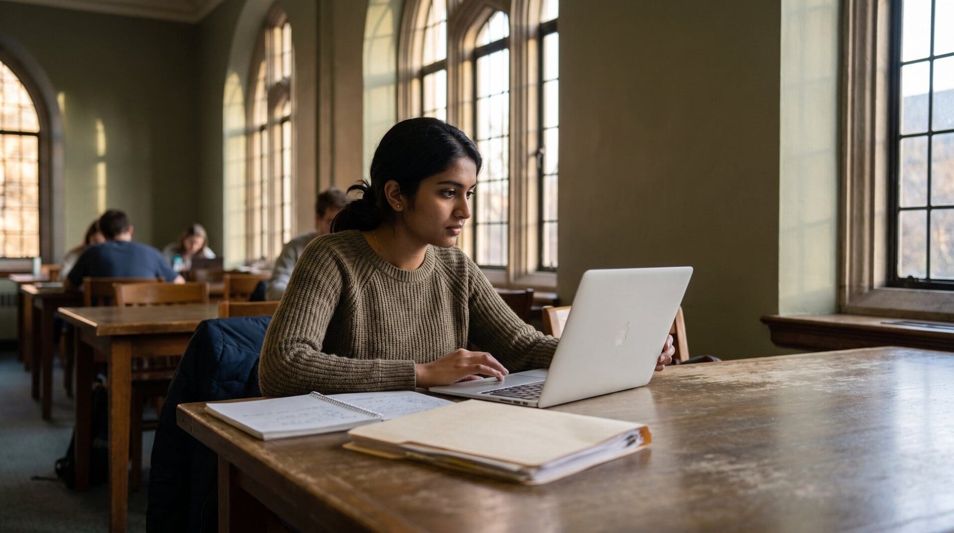 An Indian student works at a laptop with a notebook and document folder in a sunlit university library alcove