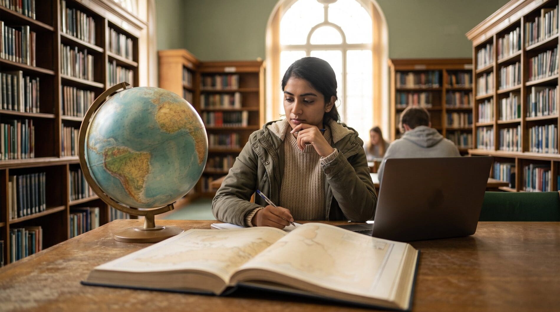 An Indian student compares options at a desk with a globe, an open atlas and a laptop in a warm library