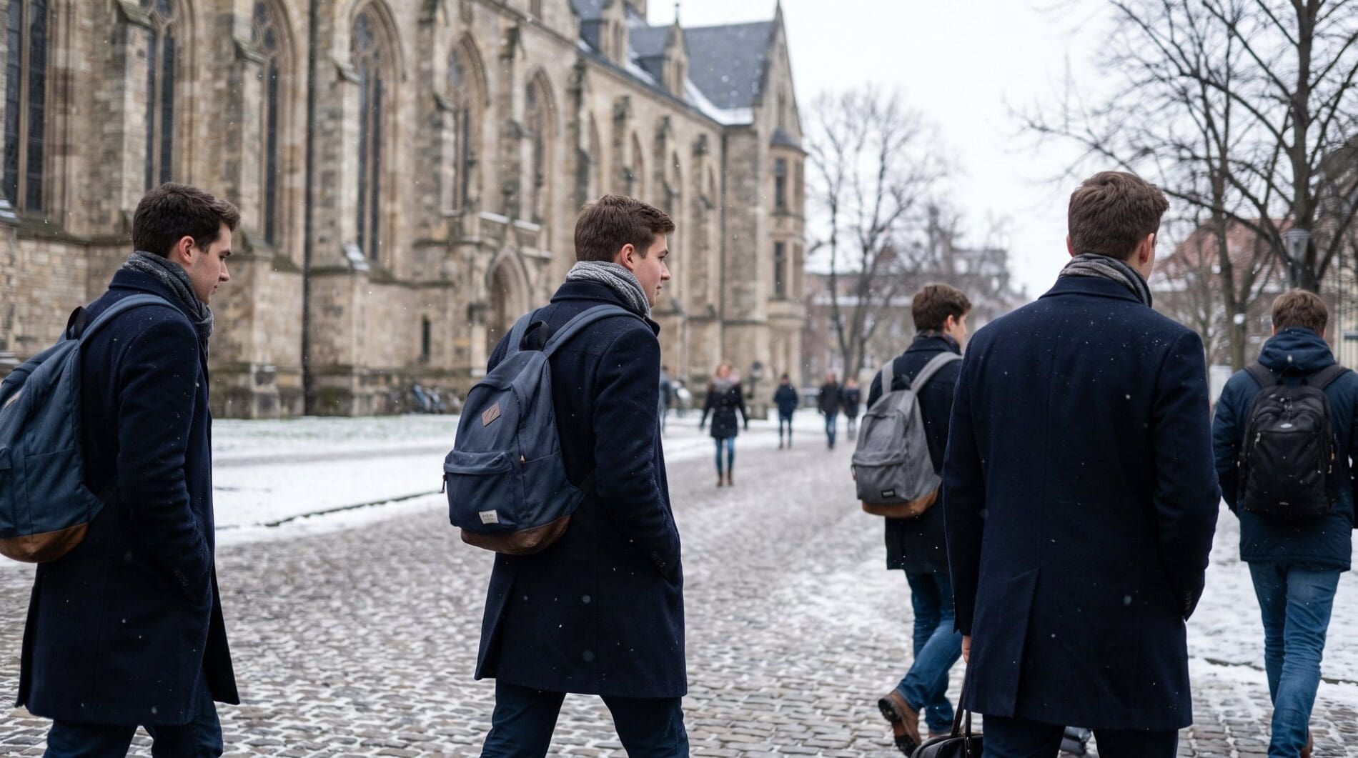 Students in winter coats walk past a historic European university building in the snow