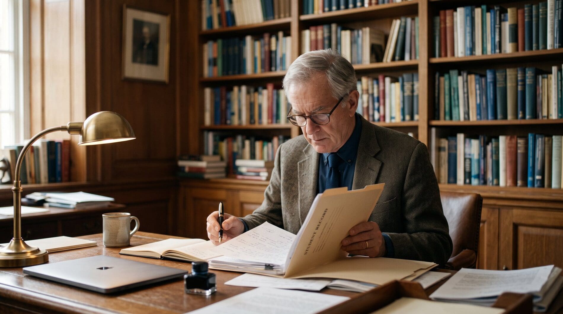 A senior faculty member reviews a student's file folder at a desk in a university office