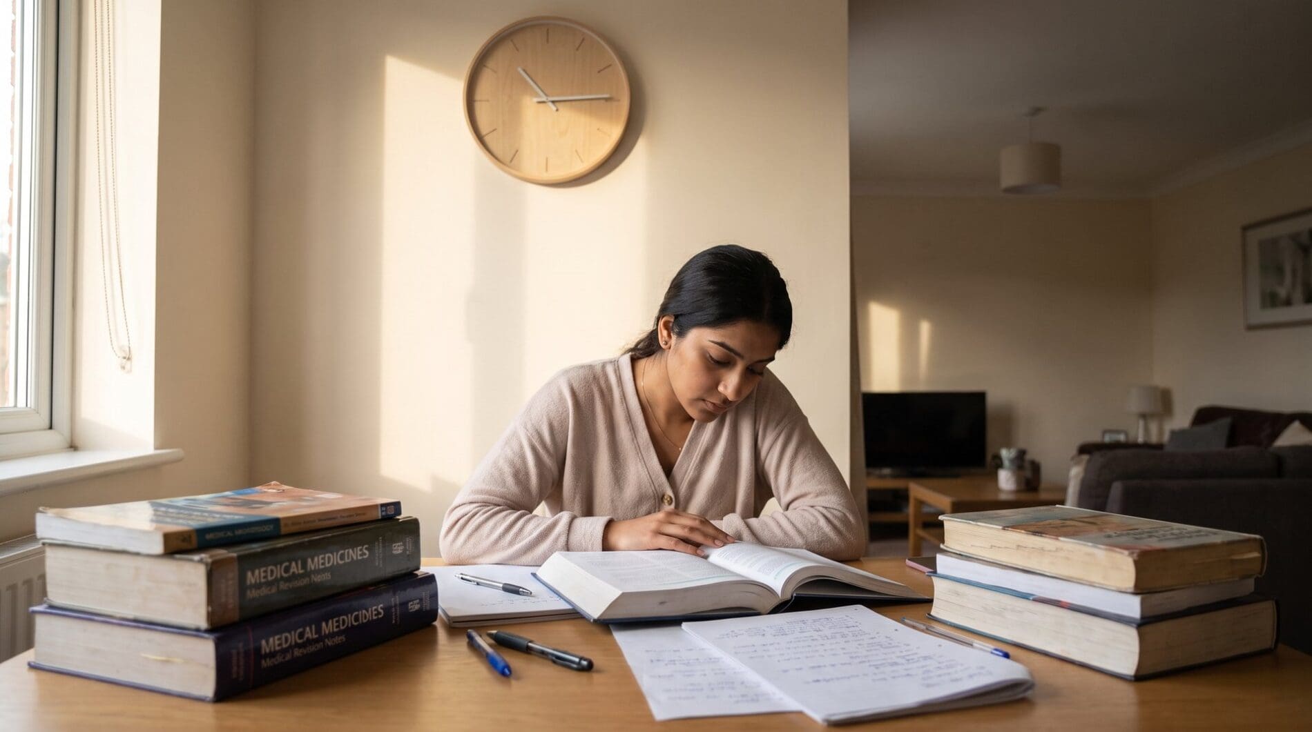 An Indian student studies at a home desk surrounded by books with a plain wall clock above