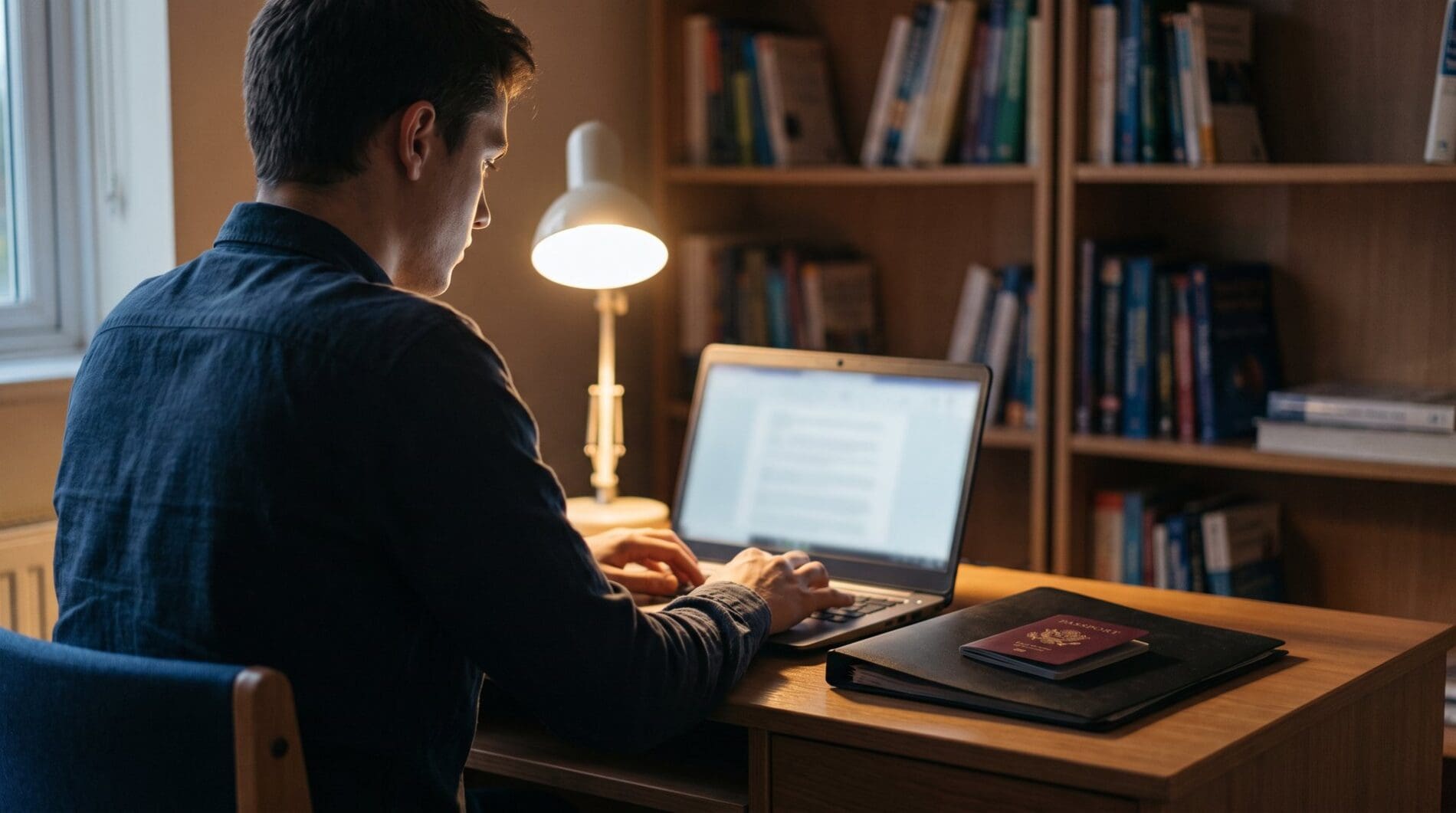 A student fills in an online form on a laptop in a dormitory room at night