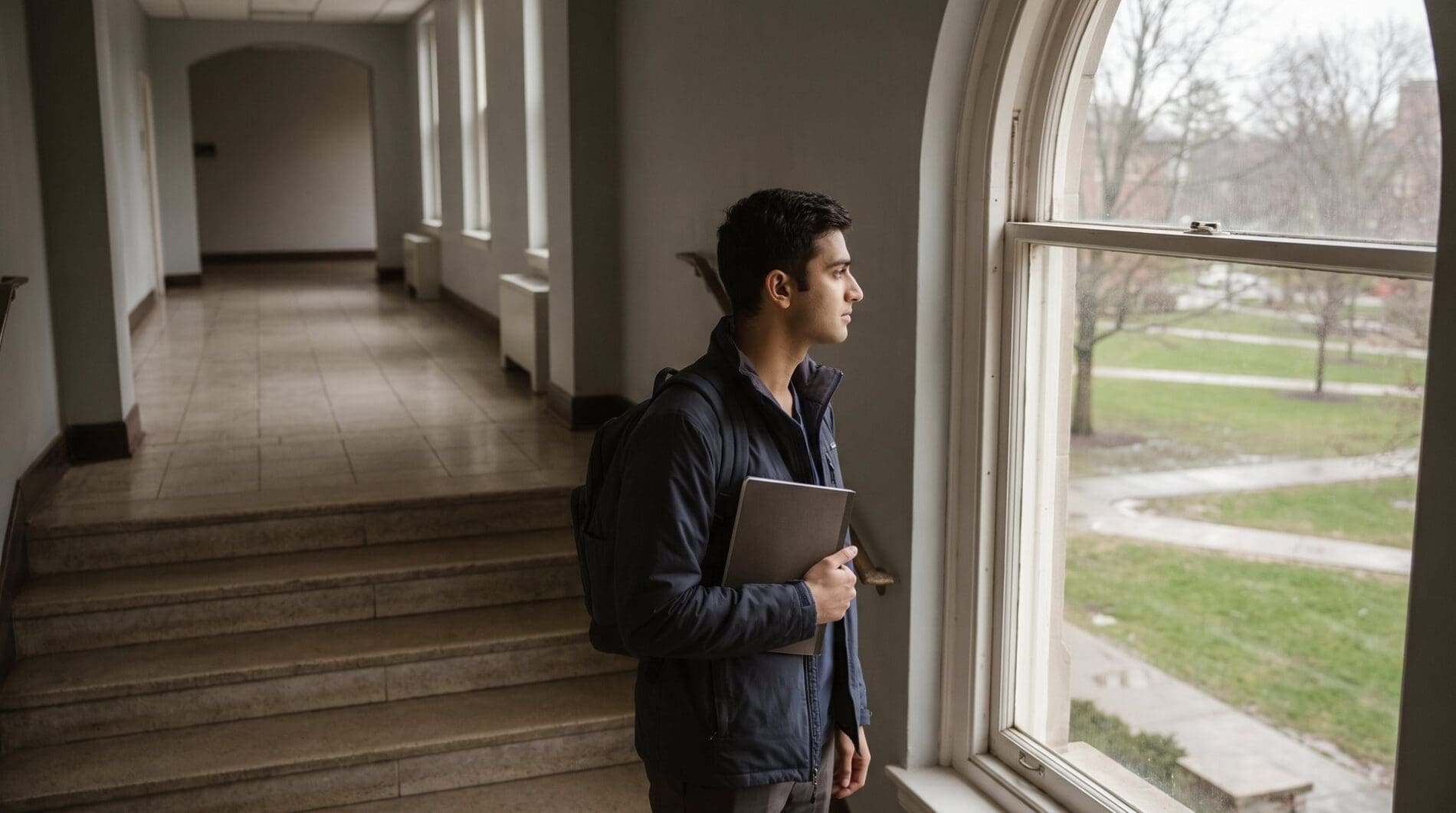 A medical student pauses on a campus staircase by a tall window, holding a notebook and looking out