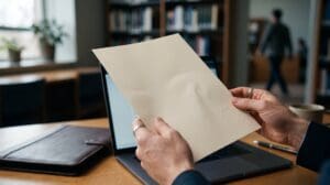 Hands hold an official-looking certificate document above a desk with a laptop and folder