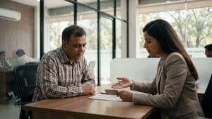 An Indian parent sits with a bank officer at a desk, documents and a card between them