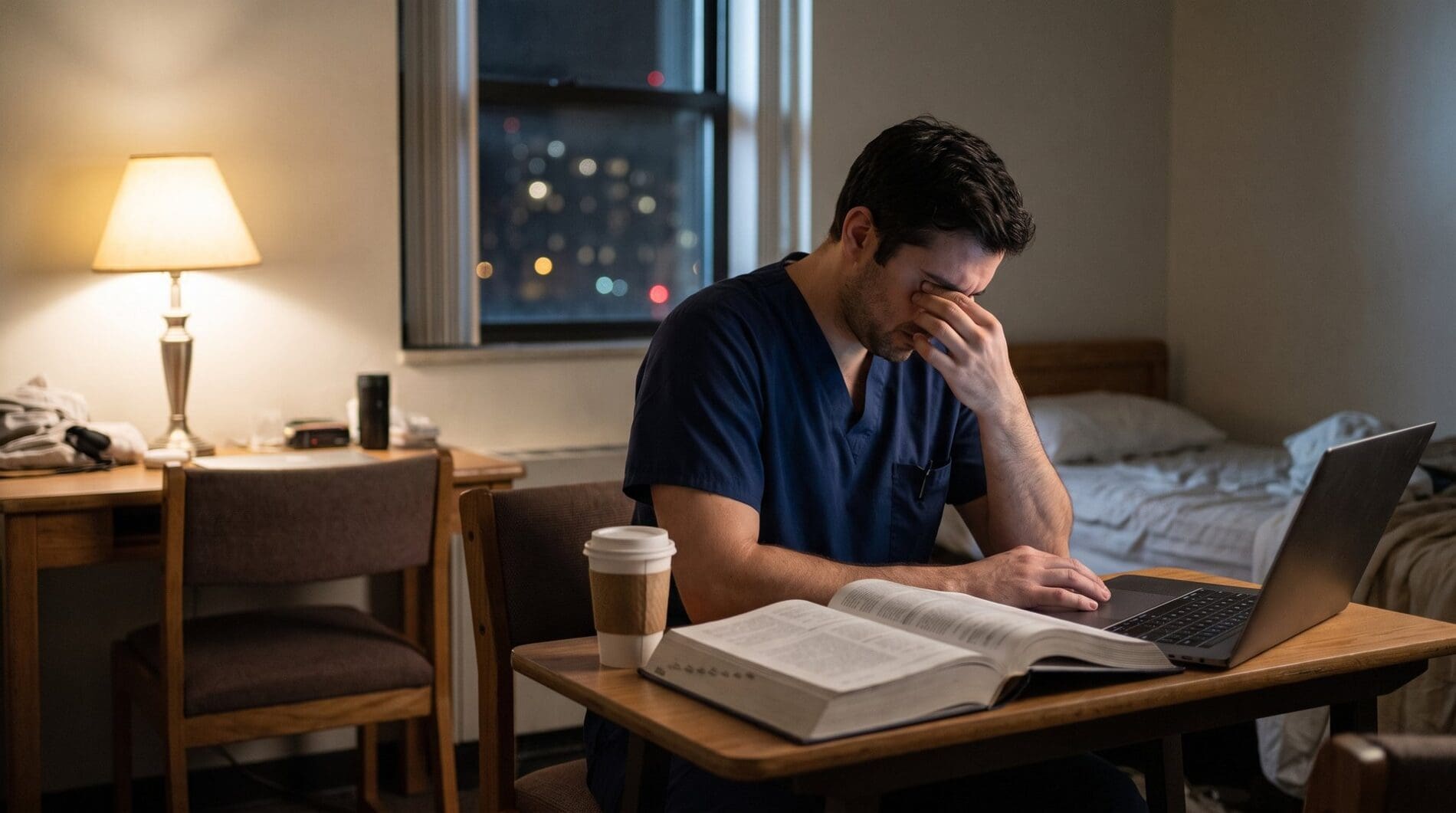 A resident physician in scrubs studies from a textbook and laptop in a hospital call room late at night